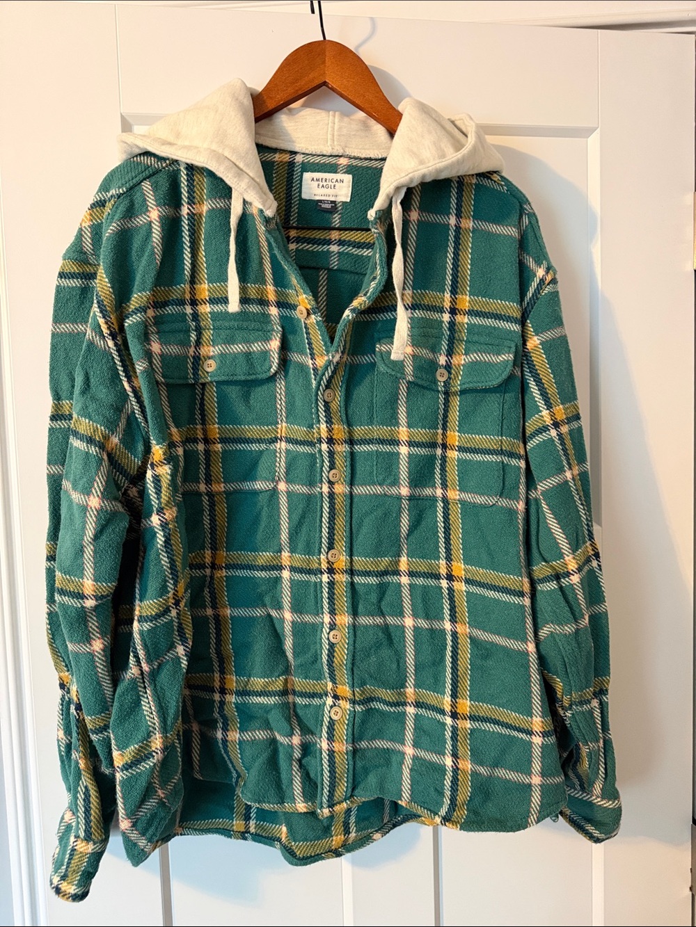 American Eagle Outfitters Green Plaid Hooded Shirt Jacket